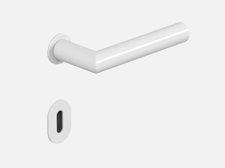 Minimalist door handle with key rosette in the colour white made of polyamide