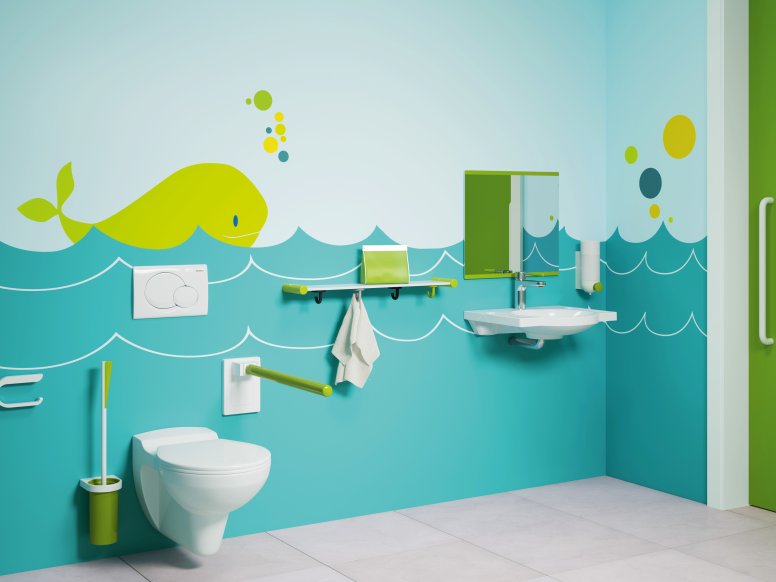Barrierefreies Bad für Kinder mit WC-und Waschbereich in blau-grün