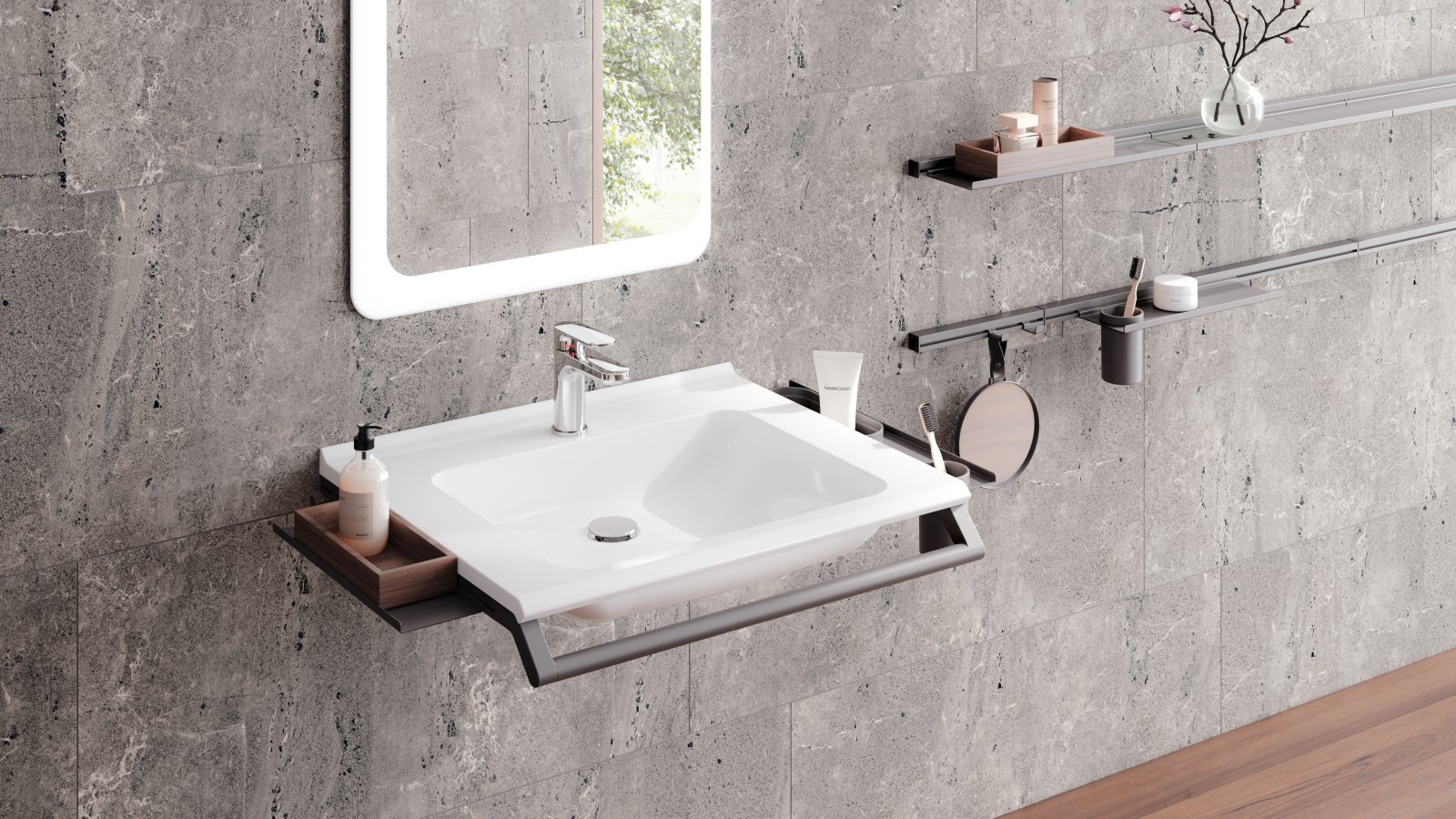 Lavabo modulaire avec poignée et étagères pour les ustensiles de bain en gris foncé mat en acier inoxydable